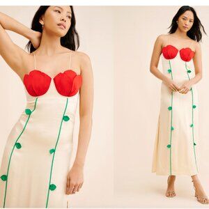 FARM Rio Cream Maxi Dress with Red Floral Bust and Green Stem Appliqués